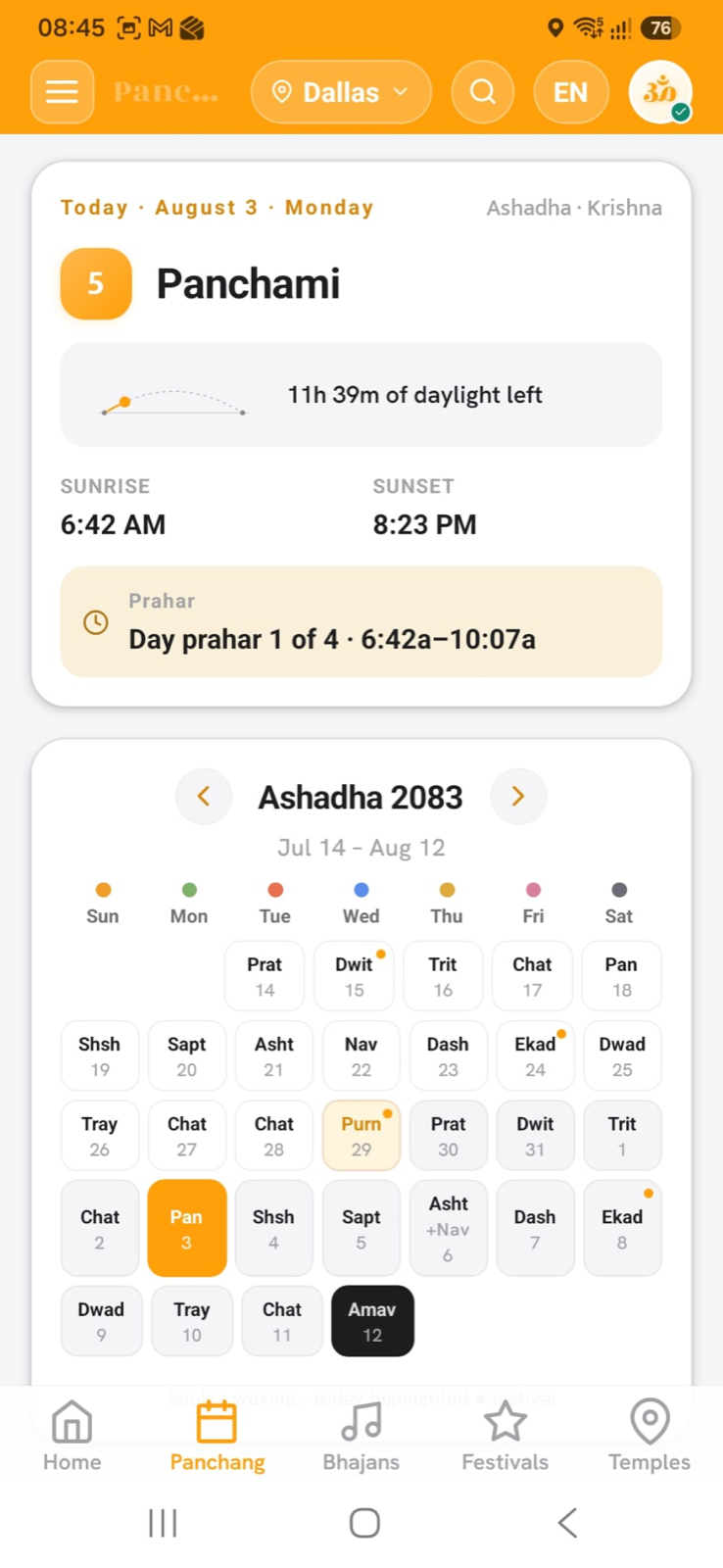 Daily panchang with the Vikram Samvat month calendar