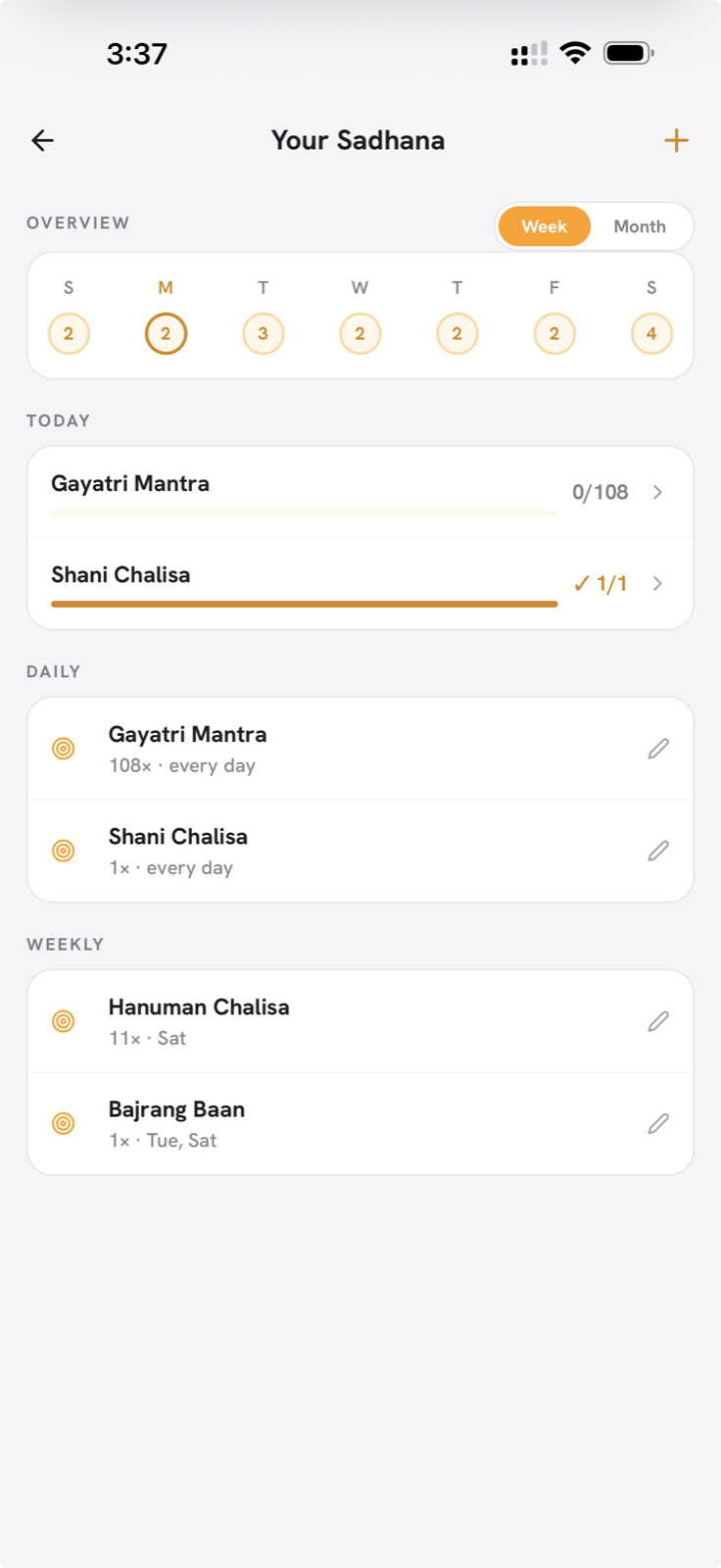 Your Sadhana in Vandan: the week's progress, today's recitations with their counts, and the daily and weekly sankalps beneath